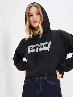 Women's Levi's Black Cropped Hoodie with Glitter Logo Sz Medium